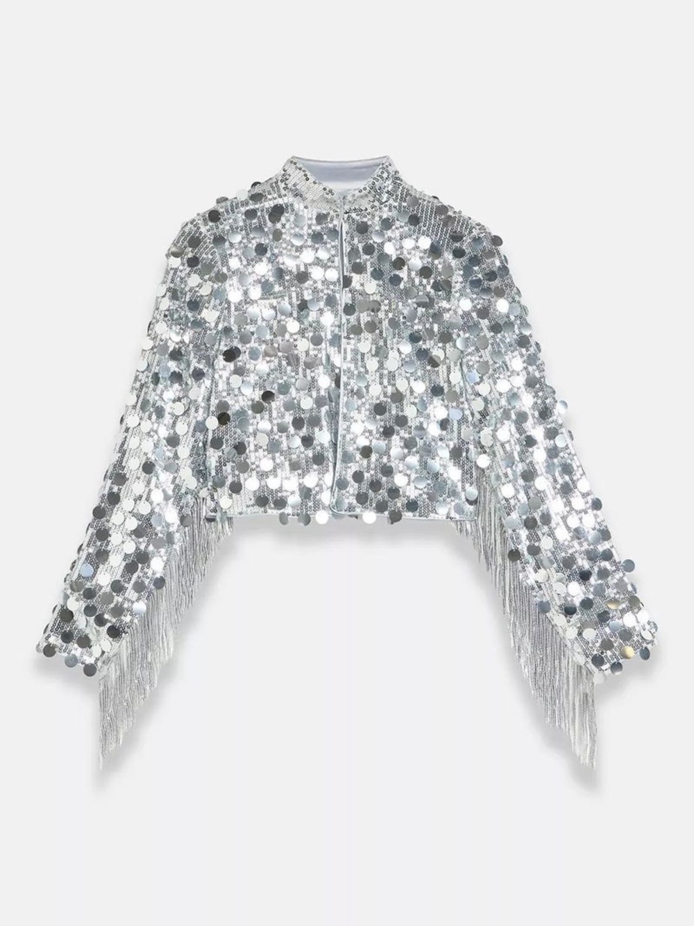 Mint Velvet Silver Sequin Fringe Bomber Jacket